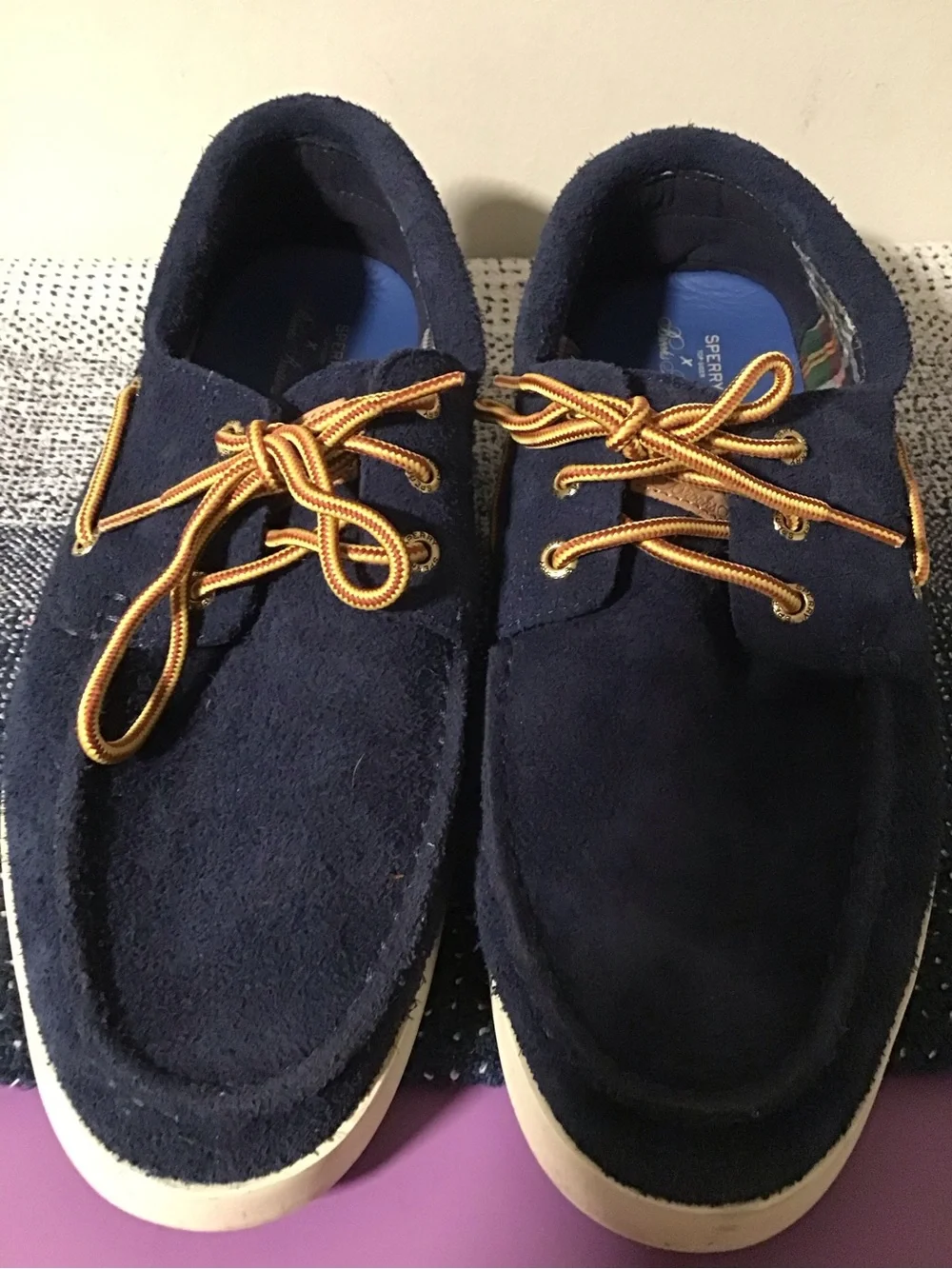 Sperry Men's Navy Suede Boat Shoes with Contrast Gold Laces